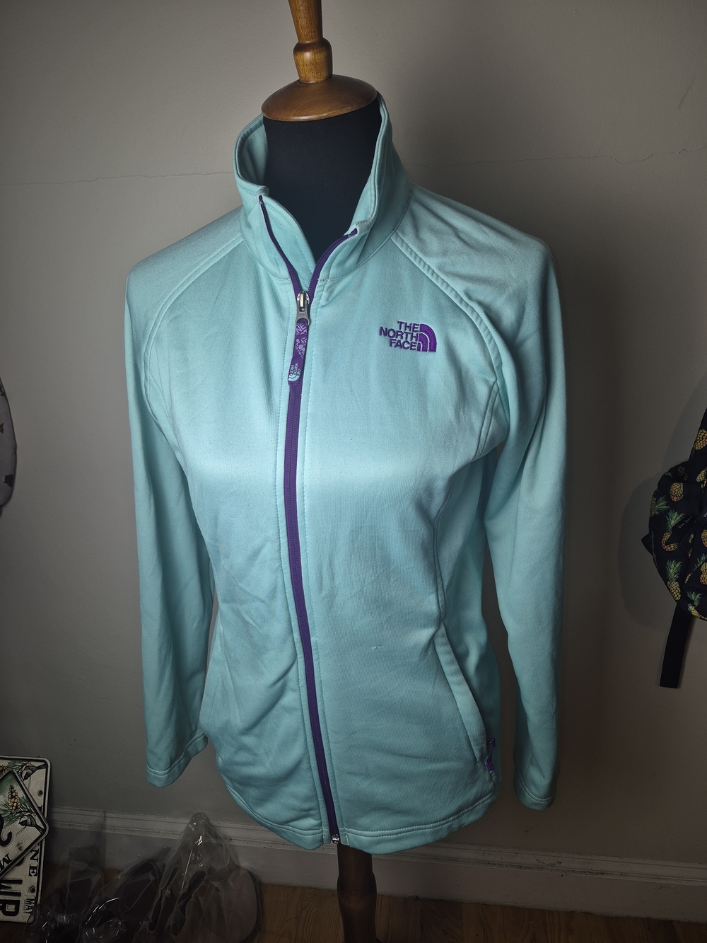 The North Face Girl's Aqua Zip-Up Utility Jacket with Purple Accents